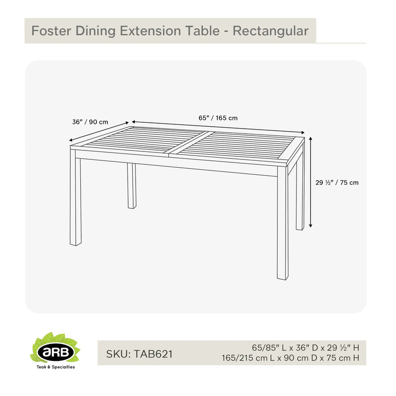 Teak Dining Extension Table Foster - Rectangular 65/85 x 36" (165/215 x 90 cm)