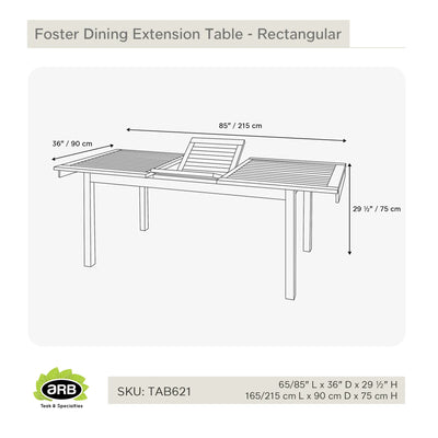 Teak Dining Extension Table Foster - Rectangular 65/85 x 36" (165/215 x 90 cm)