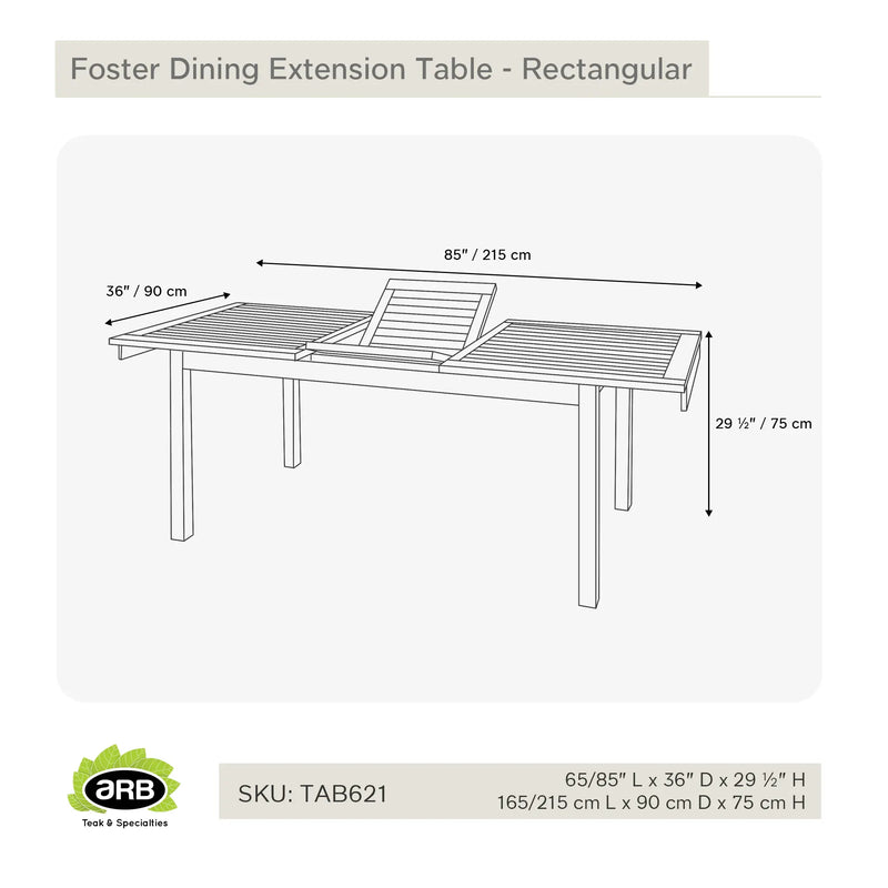 Teak Dining Extension Table Foster - Rectangular 65/85 x 36" (165/215 x 90 cm)