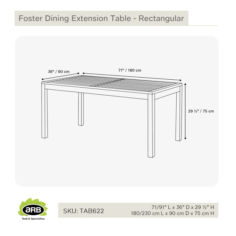 Teak Dining Extension Table Foster - Rectangular 71/91 x 36" (180/230 x 90 cm)