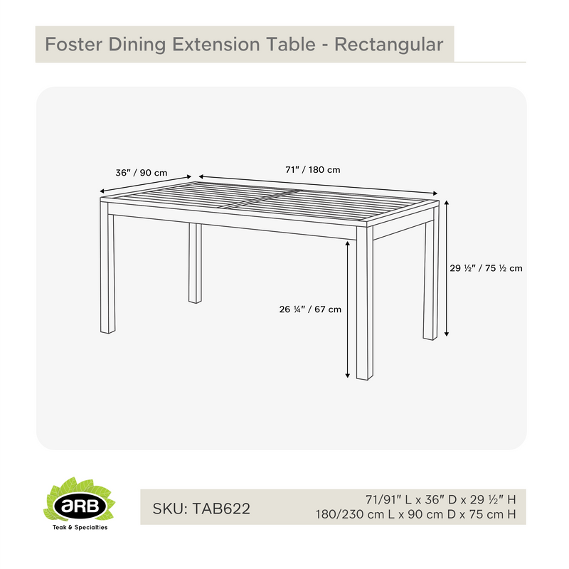 Teak Dining Extension Table Foster - Rectangular 71/91 x 36" (180/230 x 90 cm)