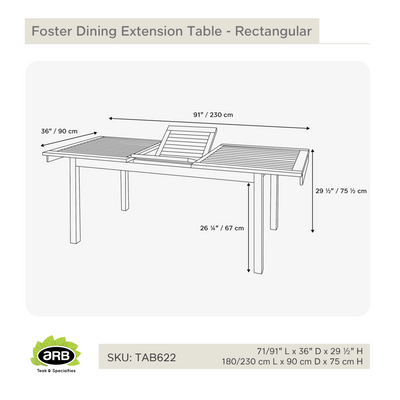 Teak Dining Extension Table Foster - Rectangular 71/91 x 36" (180/230 x 90 cm)