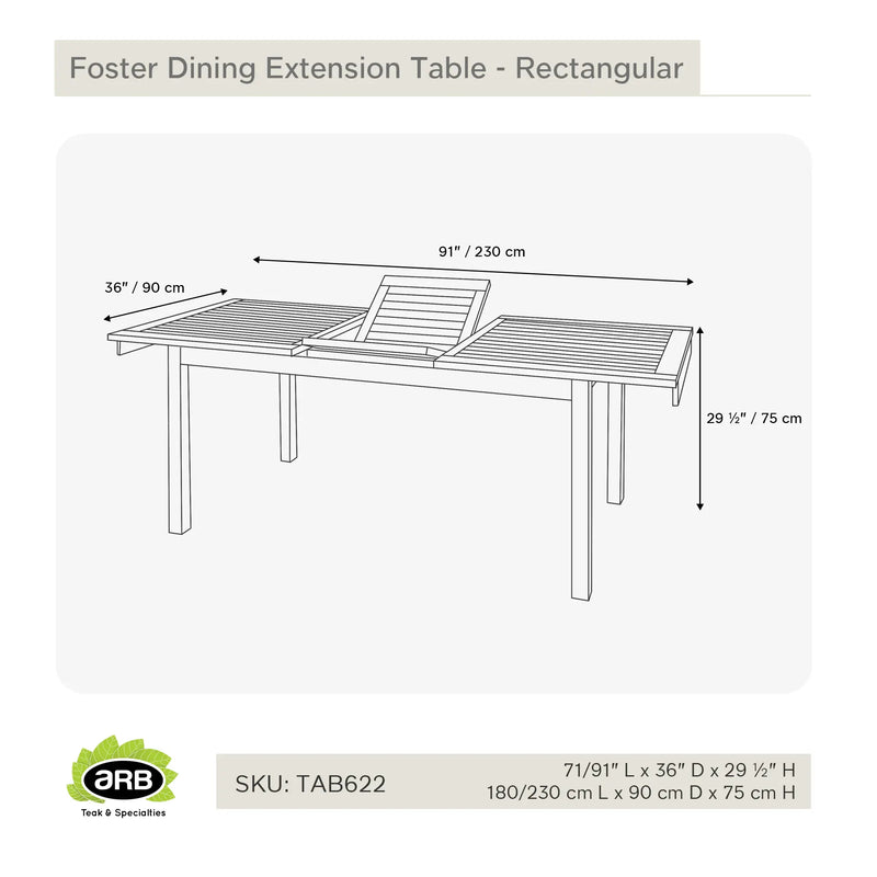 Teak Dining Extension Table Foster - Rectangular 71/91 x 36" (180/230 x 90 cm)