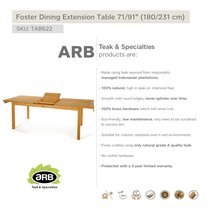 Teak Dining Extension Table Foster - Rectangular 71/91 x 36" (180/230 x 90 cm)