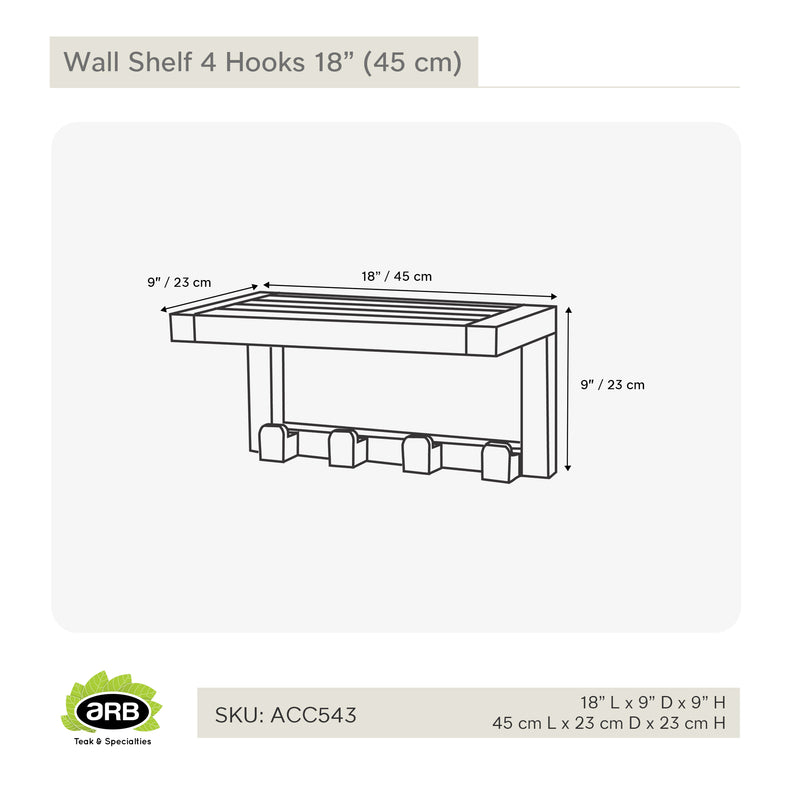 Teak Wall Shelf with 4 hooks