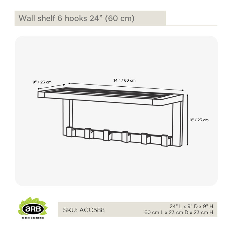 Teak Wall Shelf with 6 hooks