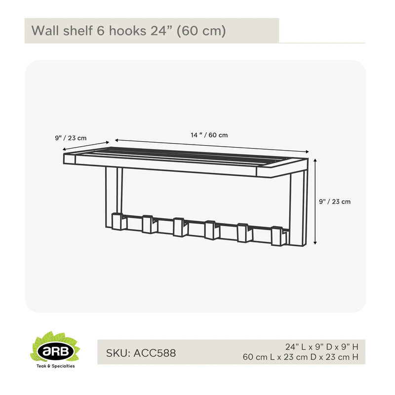 Teak Wall Shelf with 6 hooks