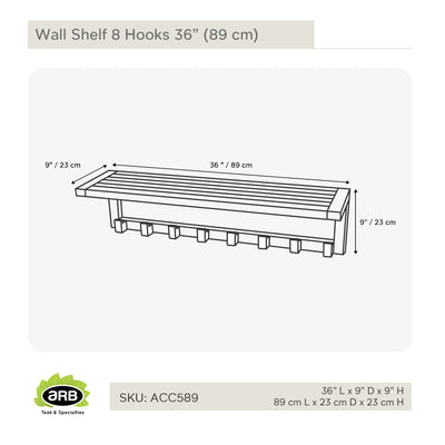 Teak Wall Shelf with 8 hooks