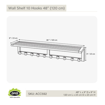 Teak Wall Shelf with 10 hooks