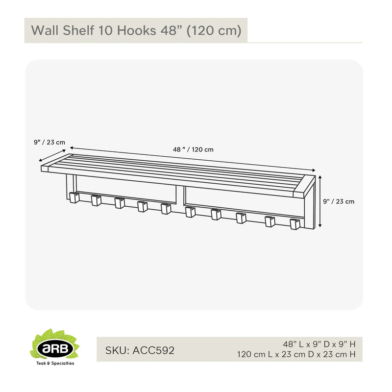 Teak Wall Shelf with 10 hooks