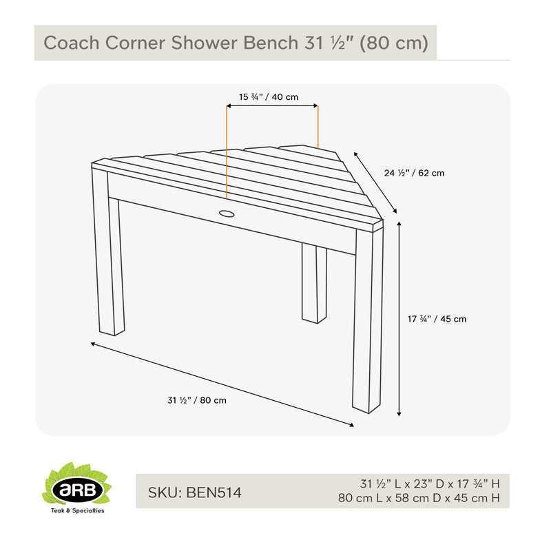 Teak Shower Bench Coach corner 31.5" (80 cm)