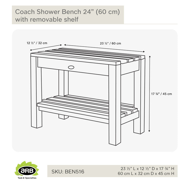Teak Shower Bench Coach 24" (60 cm) with shelf