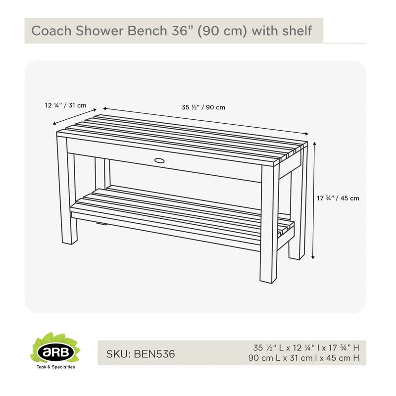 Teak Shower Bench Coach 36" (90 cm) with shelf