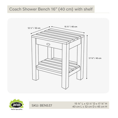 Teak Shower Bench Coach 16" (40 cm) with shelf