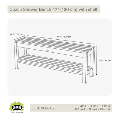 Teak Shower Bench Coach 47" (120 cm) with shelf