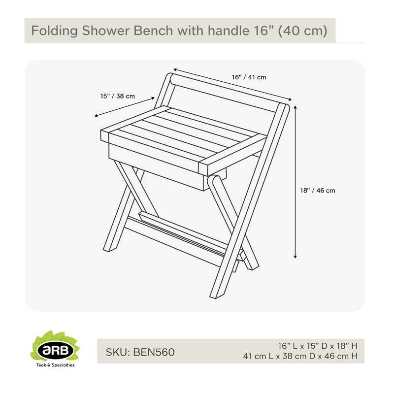 Teak Shower Bench Folding 16" (40 cm) with handle