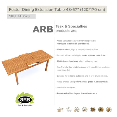 Teak Dining Extension Table Foster - Rectangular 48/67 x 36" (120/170 x 90 cm)